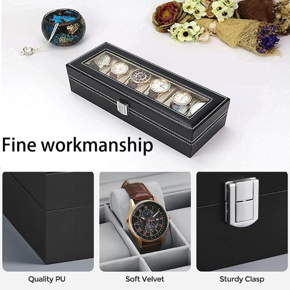 6 Slot Watch Display Storage Box - Premium PU Leather with Velvet Lining & Glass Top