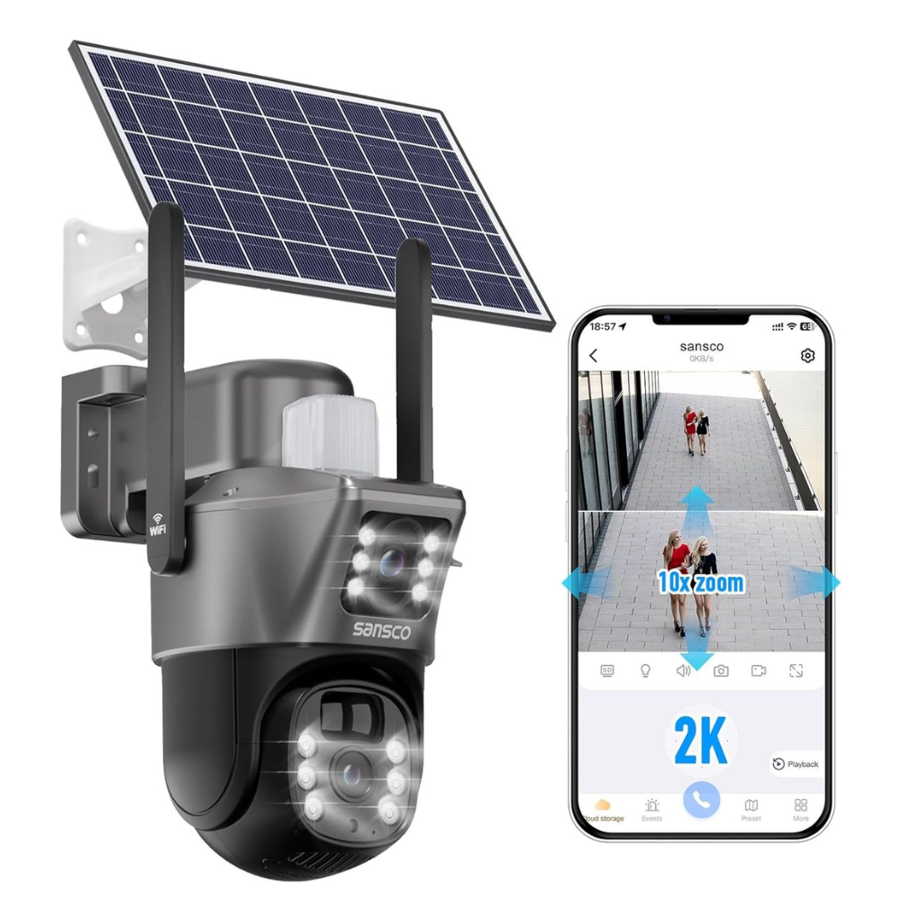 WiFi Solar Security Camera 4MP - Dual Lens 360° PTZ with Night Vision & Motion Detection