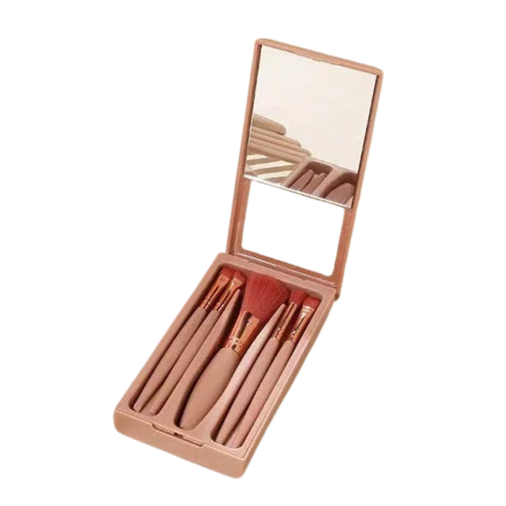 5pcs Travel Makeup Brush Set - Portable Mini Brushes with Mirror Box & Soft Synthetic Hair