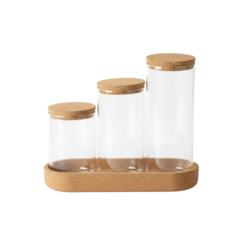 Premium Glass Storage Jar Set - 3 Piece with Cork Tray DealRush