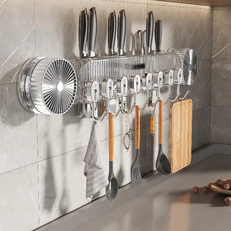 Wall Mount Kitchen Tools Holder with Suction Cups - Multi-Hook Utensil Organizer
