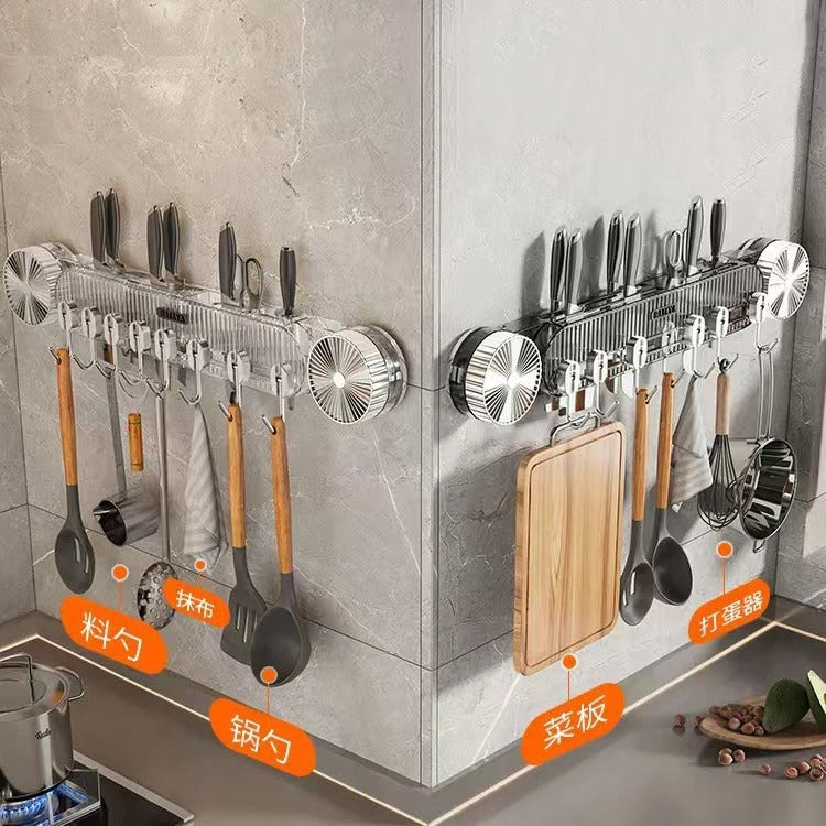Wall Mount Kitchen Tools Holder with Suction Cups - Multi-Hook Utensil Organizer